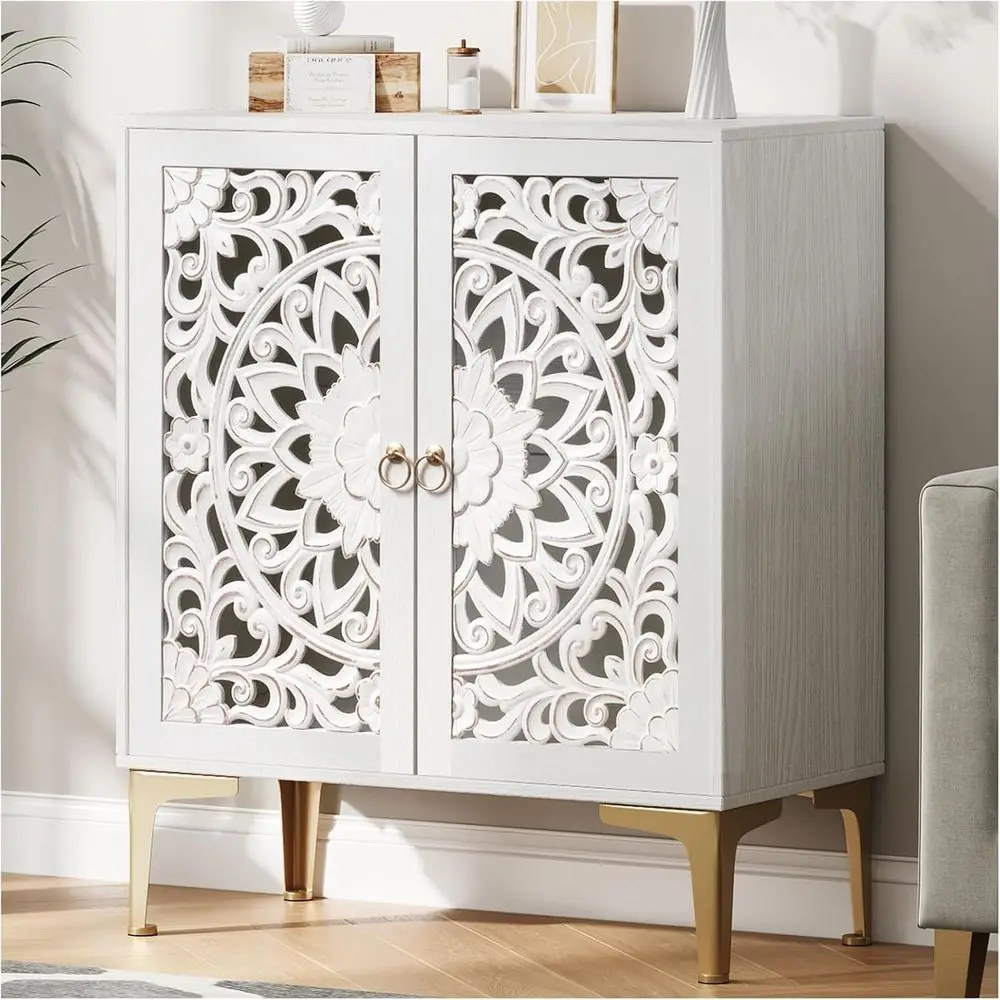

31.5" Accent Storage Cabinet with Carved Do, White Boho Sideboard or Storage, Coee Bar Cabinet & Entryway Table with Gold Legs,