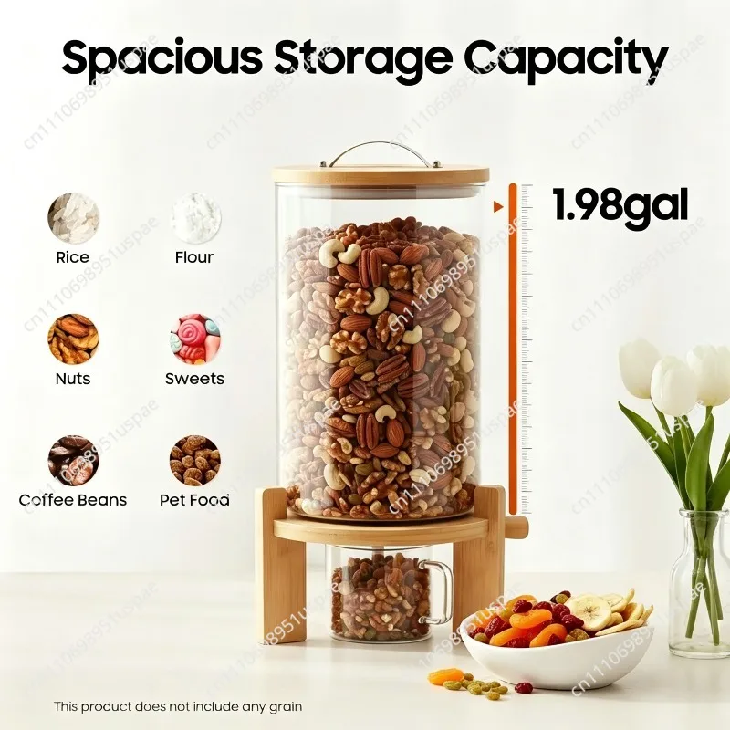 Airtight Rice Dispenser 5L/7.5L with Wood Base Glass Grain Storage Container And Measuring Cup for Kitchen