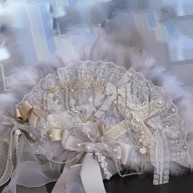 Sweet Lolita Lace Bowknot Pearl Rose Flower Feather Hand Fan for Women Girls Party Photo Props Show Dancing Gift Handmade