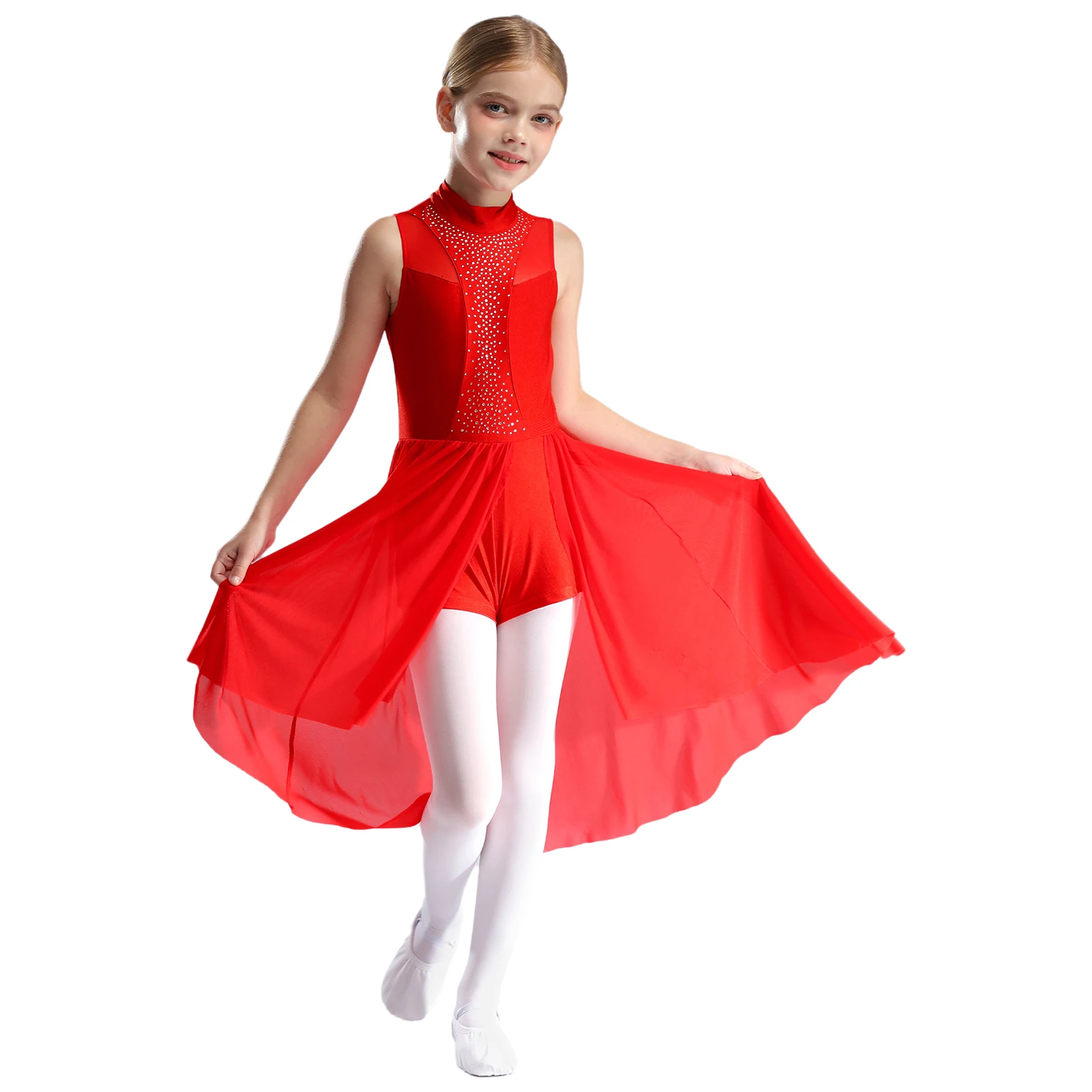 Kids Girls Lyrical Ballet Dance Costume Sleeveless Sparkly Rhinestone Figure Ice Skating Rhythmic Gymnastics Leotard Dress