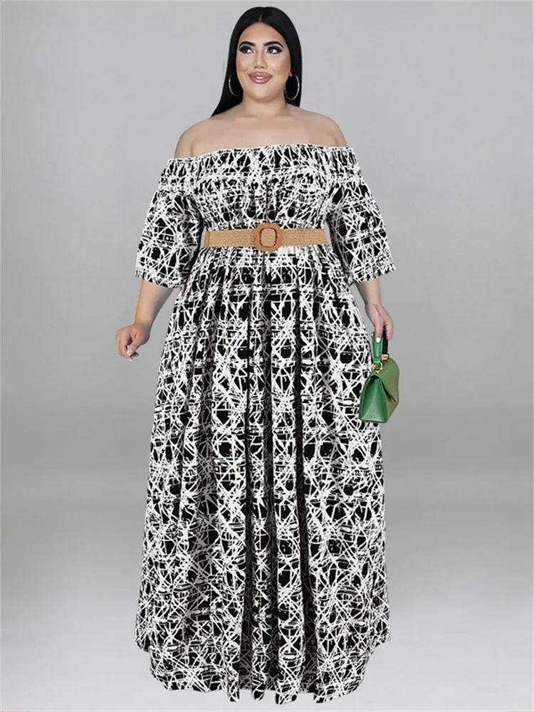 Wmstar Plus Size Dress Women 5xl Off Shoulder Flower Print Elastic Waist Party Pleated Maxi Dress Summer Wholesale Dropshipping