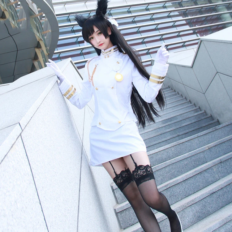 Disfraz de uniforme de barco blanco para mujer, traje de juego Azur Lane, vestido de Takao, abrigo + falda + guantes + calcetines + tocado