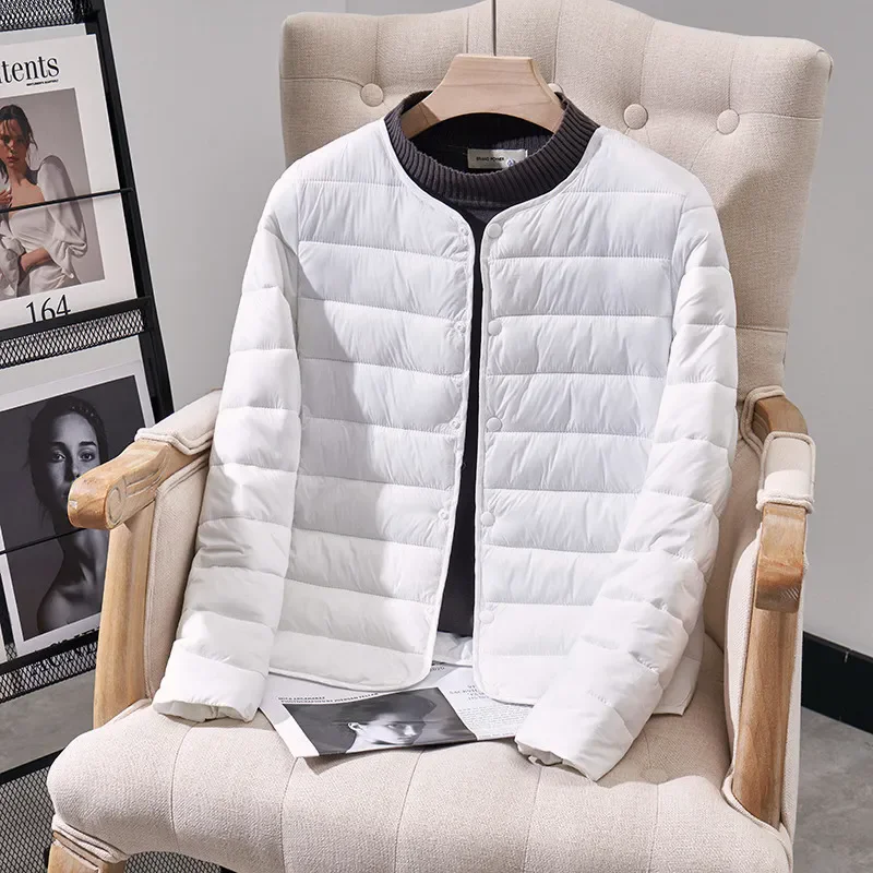 Lightweight Down Cotton Coat Jacket For Women Round Collar Short Autumn Winter Warm Inner Lining Cotton Jacket Outerwear