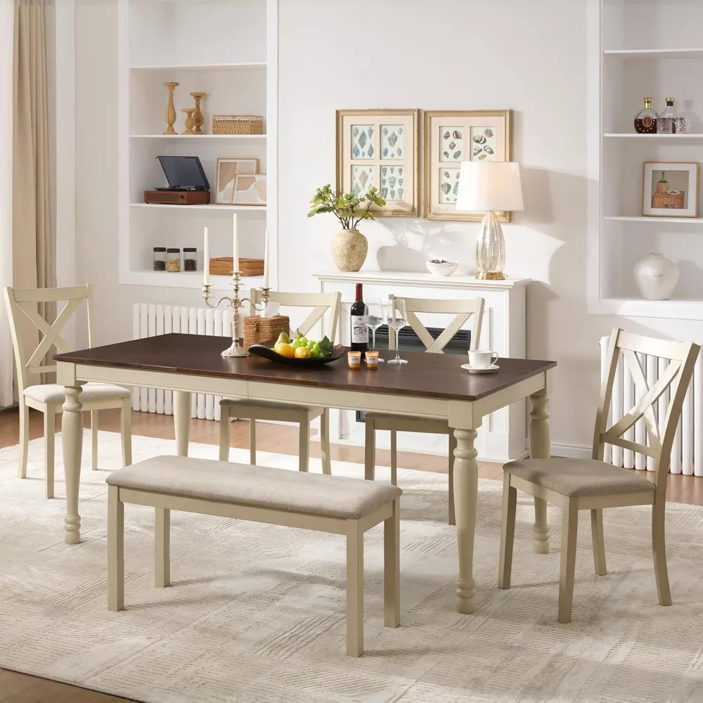 

A Six-piece Farmhouse-style Dining and Chair Set, Including A 71-inch Solid Wood Dining Table, Four Chairs, and A Bench