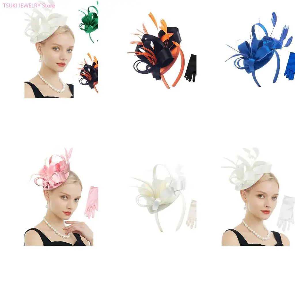 

62KE Fascinator Hats for Women Vintage Pillbox Hat with Gloves Fascinators Flower Wedding Tea Party Hat