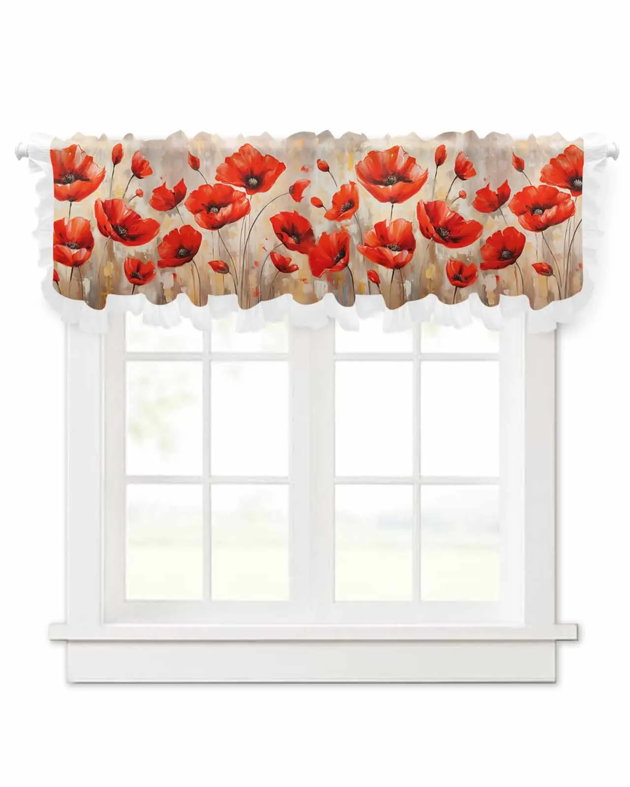 Spring Watercolor Poppy Flower Plant Short Tulle Half Curtains for Living Room Kitchen Door Cafe Window Sheer Valance Drapes