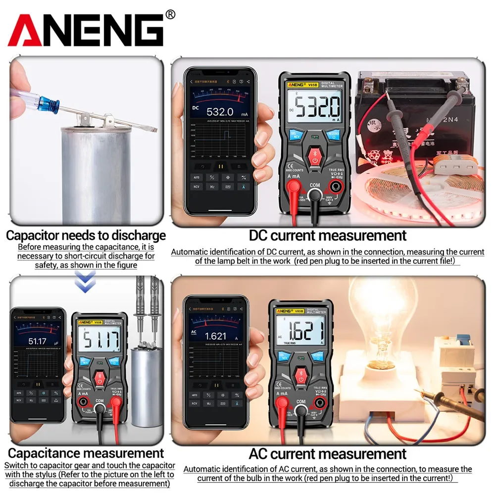 ANENG V05B Bluetooth multimeter 멀티테스터기 디지털 6000 카운트 전문 아날로그 멀티 미터 전기 테스터기 배터리 테스터 AC/DC tester lcr meter 전기테스터기 전류 전압 미니 테스터 테스터기 전기 True RMS