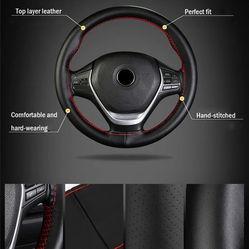 38cm 15inch Car Steering Wheel Cover Nappa Top Layer Cowhide Genuine Leather Wheel Braid Cover Hand-stitched Soft Car Products