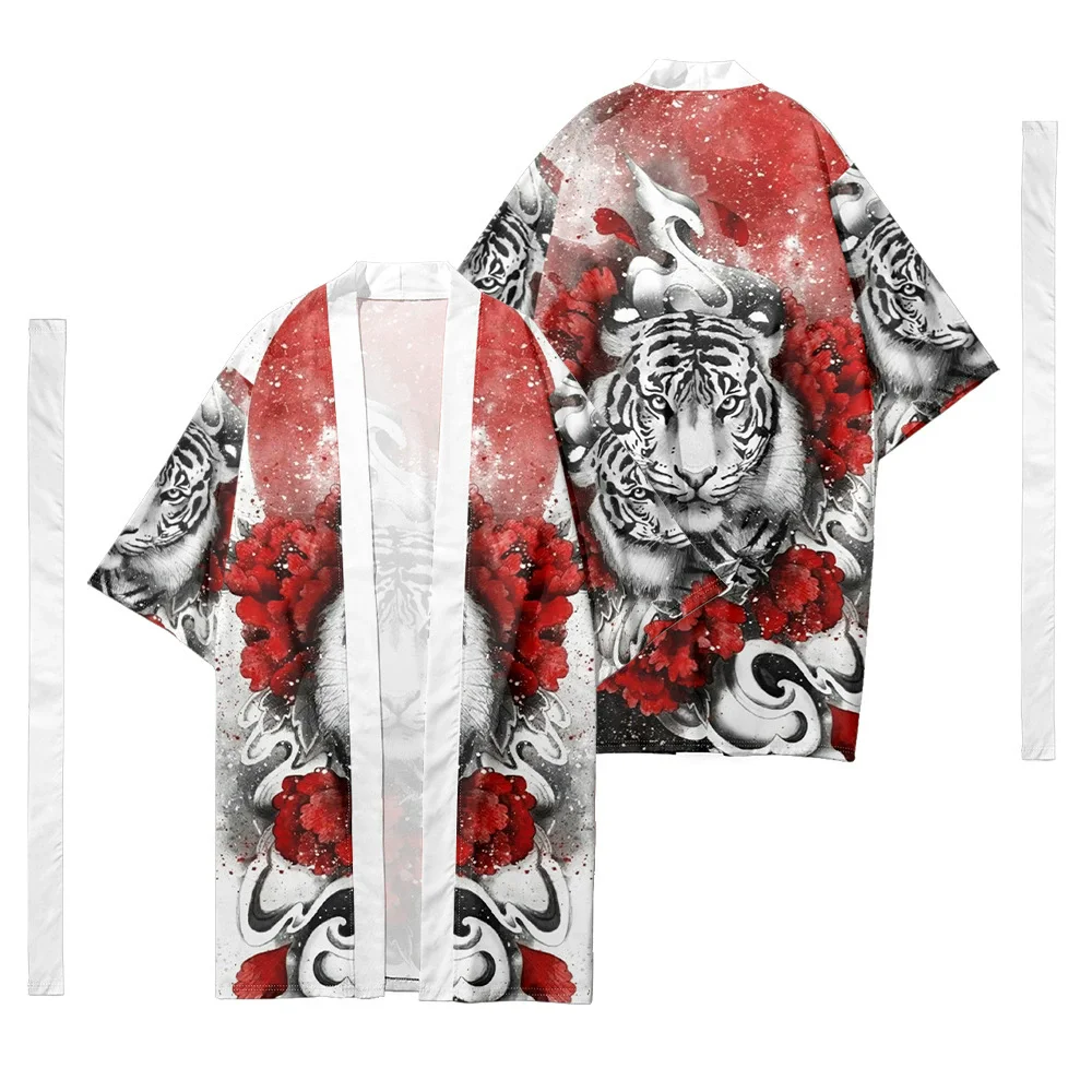 

Men's Japanese Long Kimono Cardigan Men's Samurai Costume Kimono White Tiger Print Kimono Shirt Yukata Outer Cover
