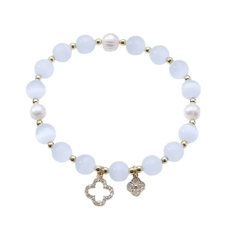 New Bracelet Women's Lucky Four-Leaf Flower Crystal Bracelet Elastic Rope Pearl Transfer Bead Hand Chain Jewelry Bangles Gift - Image 6