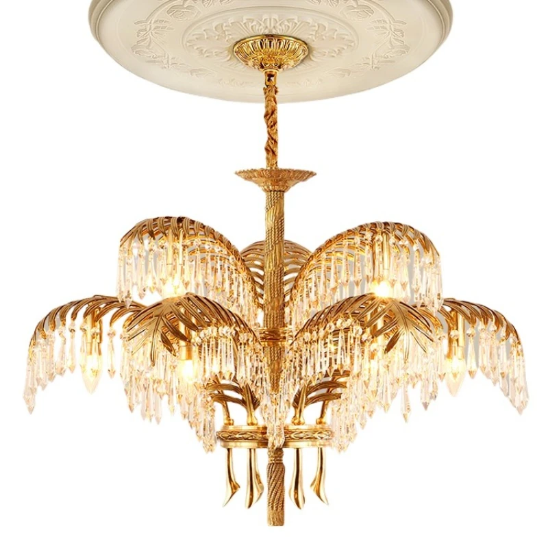 

French all-copper chandelier, retro living room, bedroom, dining room crystal lamp, luxury villa duplex floor study