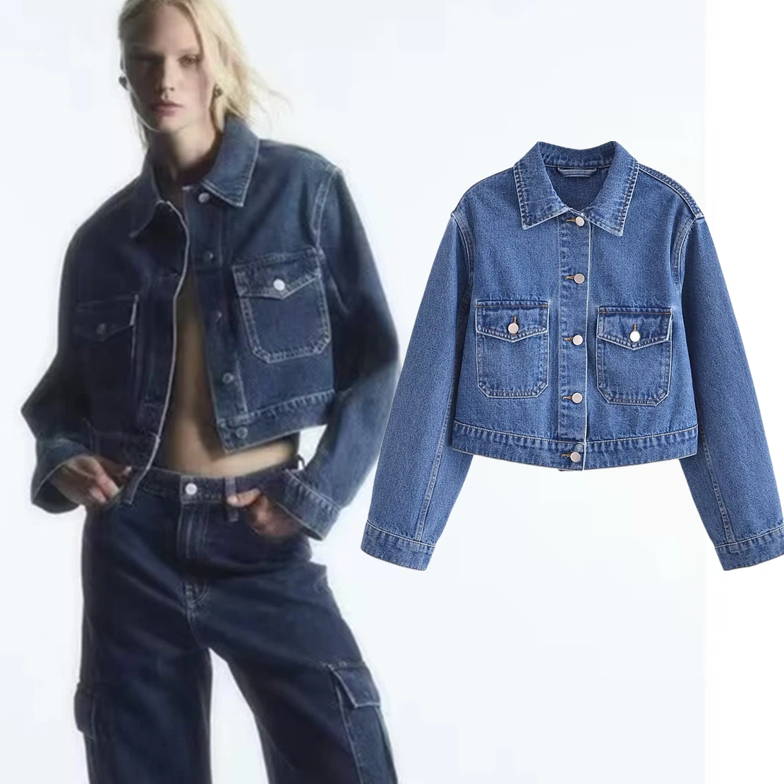 

Withered British Fashion High Street Casual Denim Jacket Vintage Pleated Wash Bomber Denim Coat Women