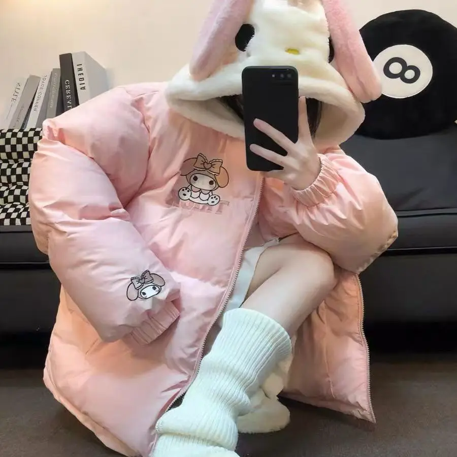 

Kawaii My Melody хлопковые стеганые куртки для женщин осень-зима для девочек Cinnamoroll утолщенная теплая студенческая куртка на молнии с капюшоном теплая