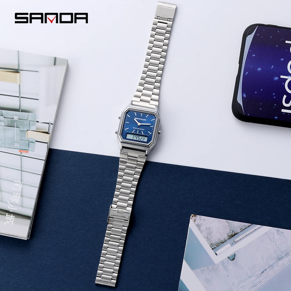 Fashion Sanda 747 Couple Quartz Digital Watch Waterproof Casual Wear-resistant Stainless Steel Square Led Digital Dual Movement