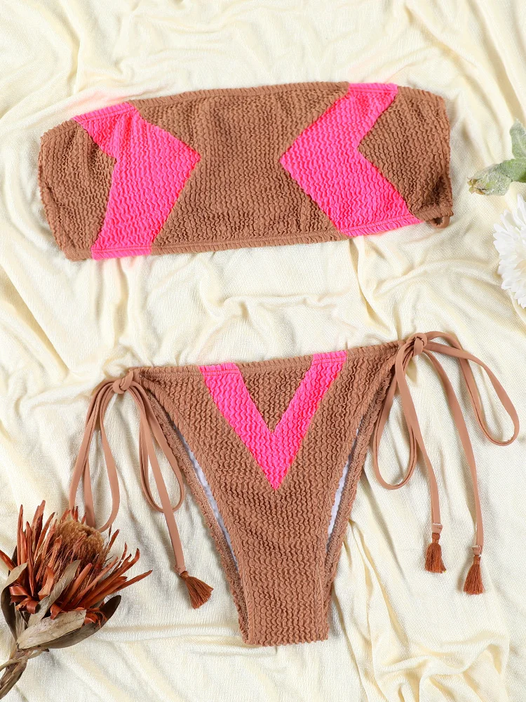 

Miyouj Ribbed Swimsuit Women‘s Patchwork Bikini Sets Bandage Swimming Wear Mujer Bathing Suits Bandeau Biquini Summer Beach Wear