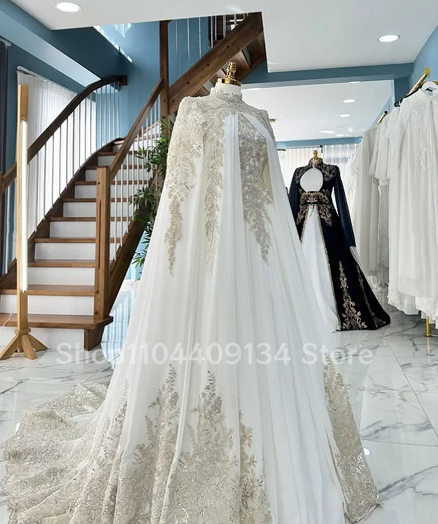 White Beaded Muslim Formal Evening Dresses High-Neck Cap-Sleeve Kaftan Train Arab Lace Embroidery Luxury Ball Gown Customized