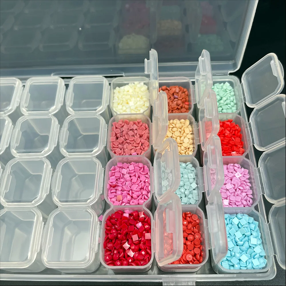 28-Gitter-Aufbewahrungsbox für Diamantmalwerkzeuge mit Trichter, Aufkleber, Stift, Diamantmalerei, Stickerei, Zubehör, Behälter – Detail 3