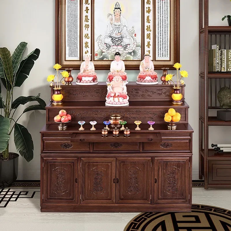 Solid Wood Household Shrine Table Three Layer Incense Offering Stand Buddha Worship Cabinet Altar for Home Prayer and Tribute
