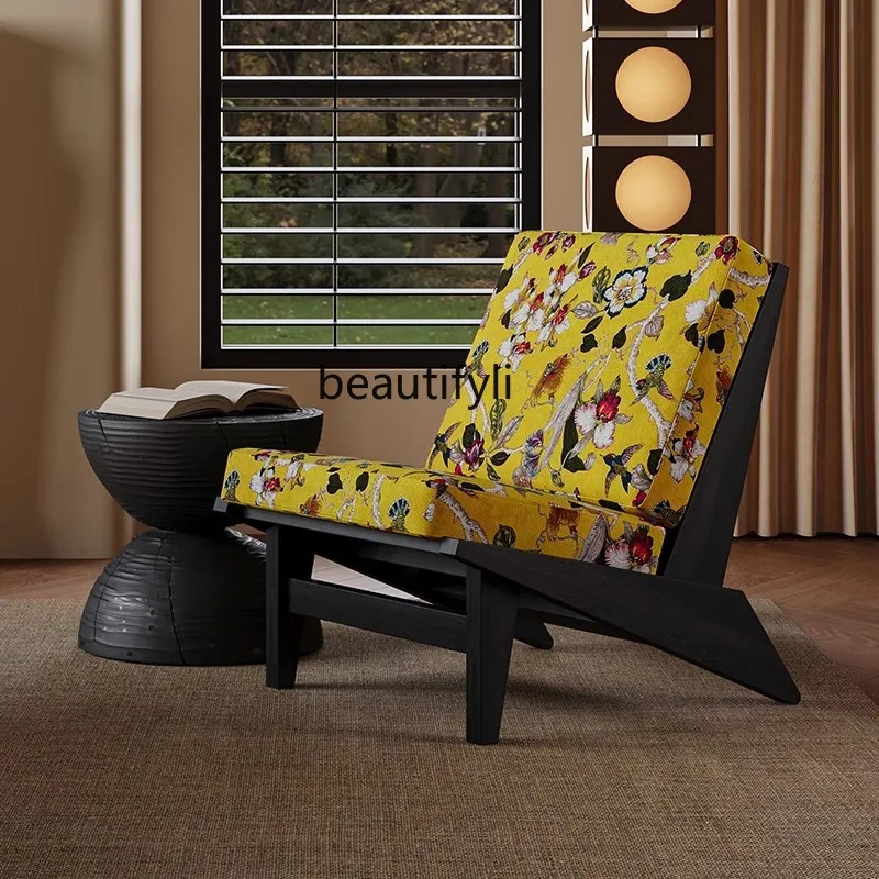 

Vintage Wabi-Sabi Style Art Print Casual Solid Wood Retro Single Sofa Chair for Homestay Reception