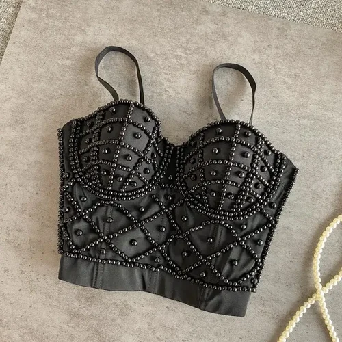 Imagen 2 del producto Corsé femenino con cuentas completas, camisola para discoteca con perlas, carpeta corta para el pecho, camisola Sexy para Mujer, lencería, sujetador de tubo, Debardeur