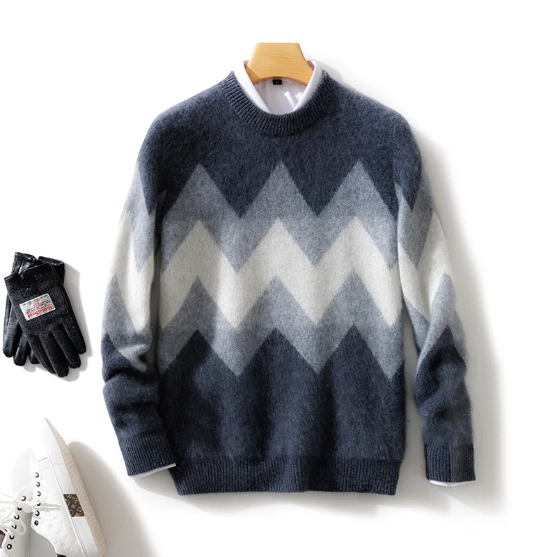 Autumn Winter 100% Merino Wool Men‘s O-Neck Color-Blocking Sweater Pullover Cashmere Long Sleeves  Soft Casual Clothing Top