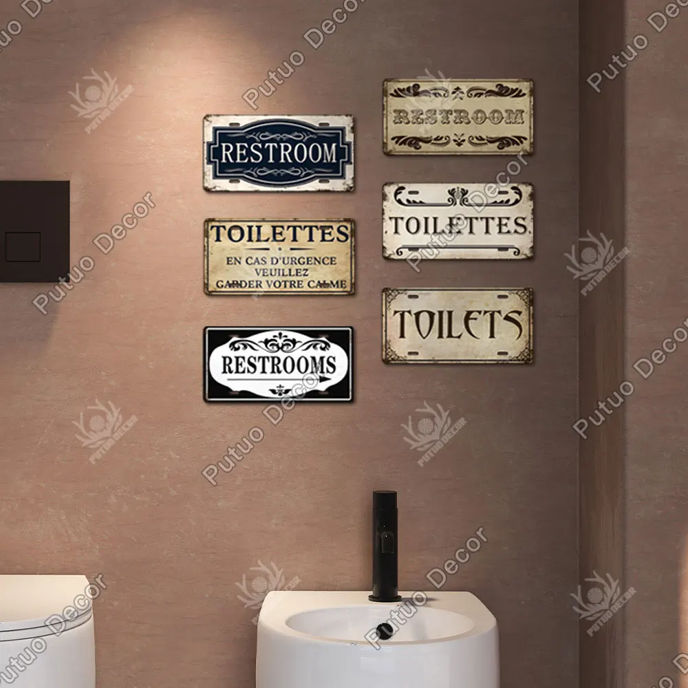 Putuo Decor Restroom Metal Sign Plaque Metal Vintage License Plate for Bar Club Toilet Bathroom Restroom Toilettes Door Decor