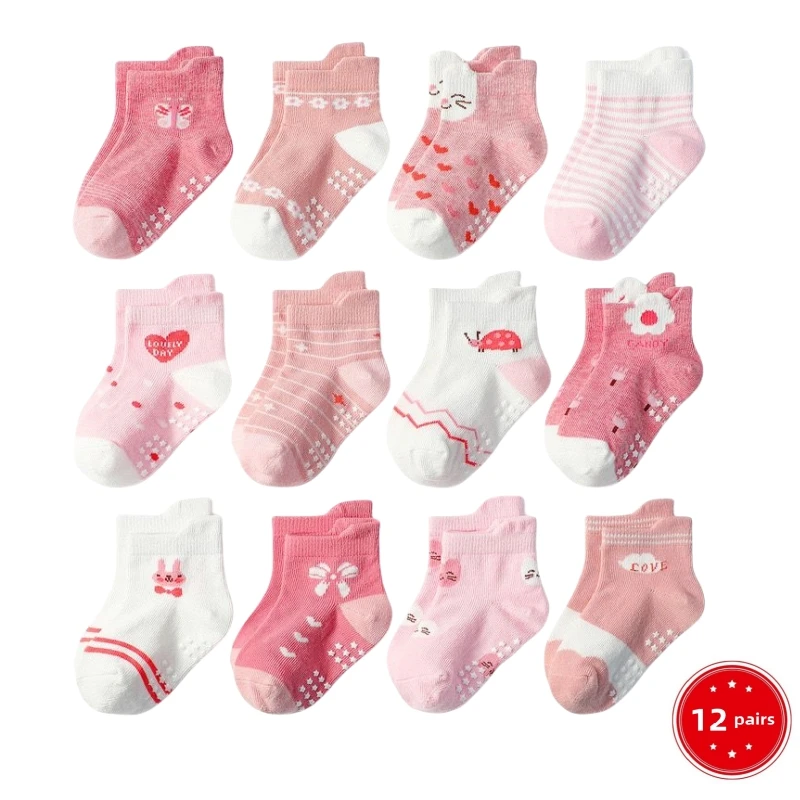 12Pairs/lot Non Slip Toddler Socks with Grip for Boys Girls Baby Infants Kids Anti Skid Cotton Crew Socks 1-7Years