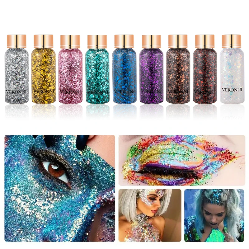 9 Color Face Sequin Glitter Makeup Face Hair Body Nail Glitter Gel Holographic Sequins Makeup Glitter Gel for Bar Festival Party