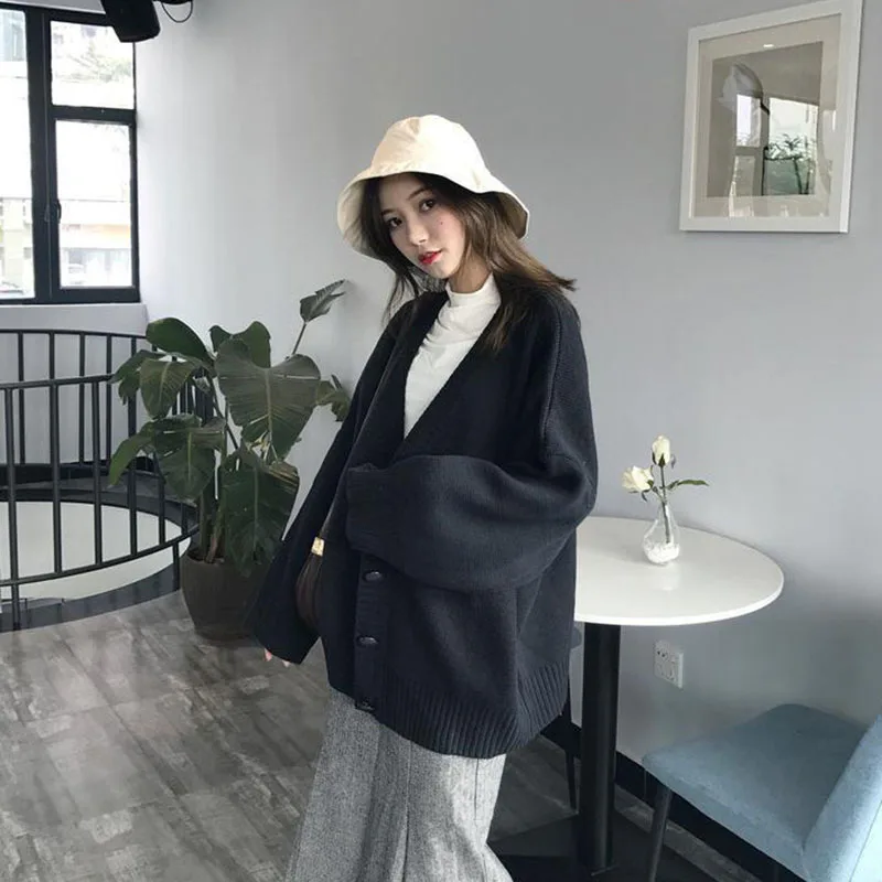 Women\'s Harajuku Oversized Knitted Cardigan Autumn Winter Thicken Warm Button Up Sweater Ladies Solid All-match Loose Knit Coat