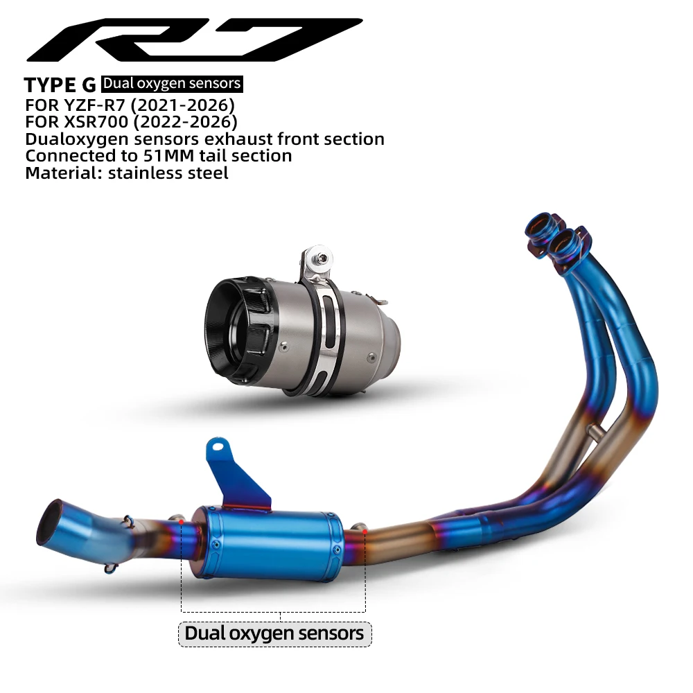 For R7 FZ07 XSR7 2021-2026 Motorcycle Stainless Steel High Performance Complete Exhaust System Kit With 2 oxygen sensors