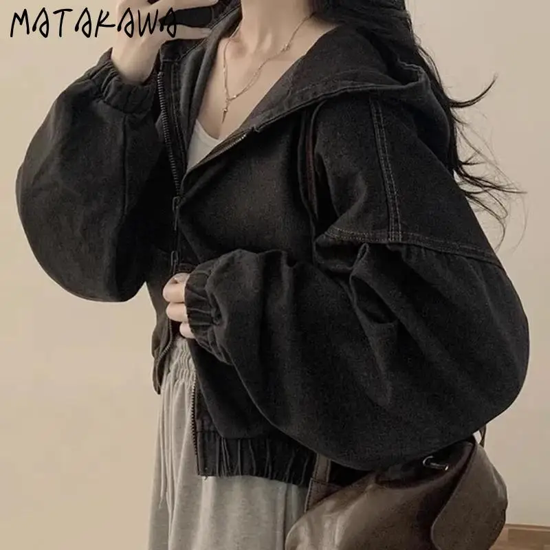 سترات ماتاكاوا من قماش الدنيم للنساء بقلنسوة للربيع والخريف موضة كورية متينة سترات كلاسيكية فضفاضة بسحّاب ملابس علوية من Ropa De Mujer #2