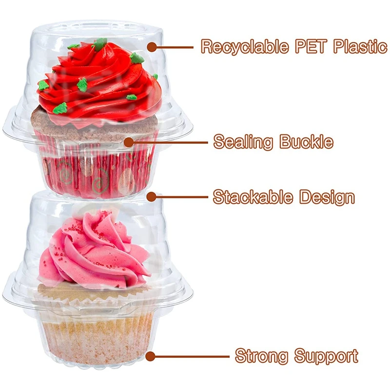 100 PCS Individual Cupcake Container, Stackable Single Compartment Cupcake Holder BPA-Free Clear Plastic With Deep Dome