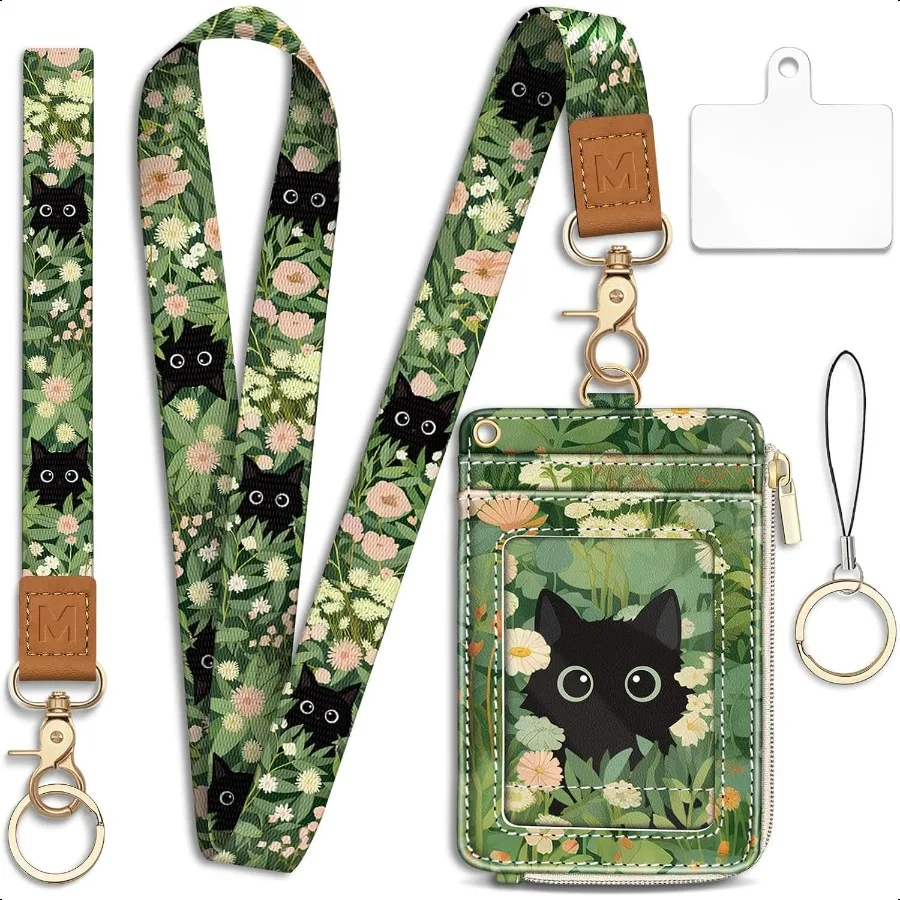 

Lanyard Wallet with Id Badge Holder Floral Cat RFID Small Keychain Wallet Women Wristlet Cute Zipper Credit Card Holder Phone W
