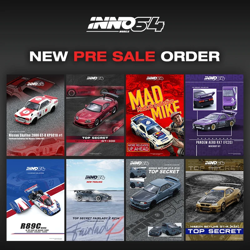 

PreSale INNO 1:64 Top Secret GTR R33 R34 R35 R50 KPGC10 Supra RX7 MR2 R89C Diecast Diorama Car Model Collection Toy