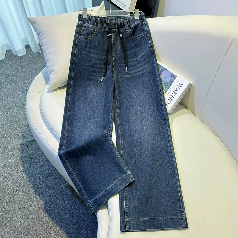 Jeans de mujer de pierna ancha con cintura elástica y cordón, estilo vintage lavado, corte holgado, pantalones de mezclilla casuales de cintura alta, jeans rectos street2026