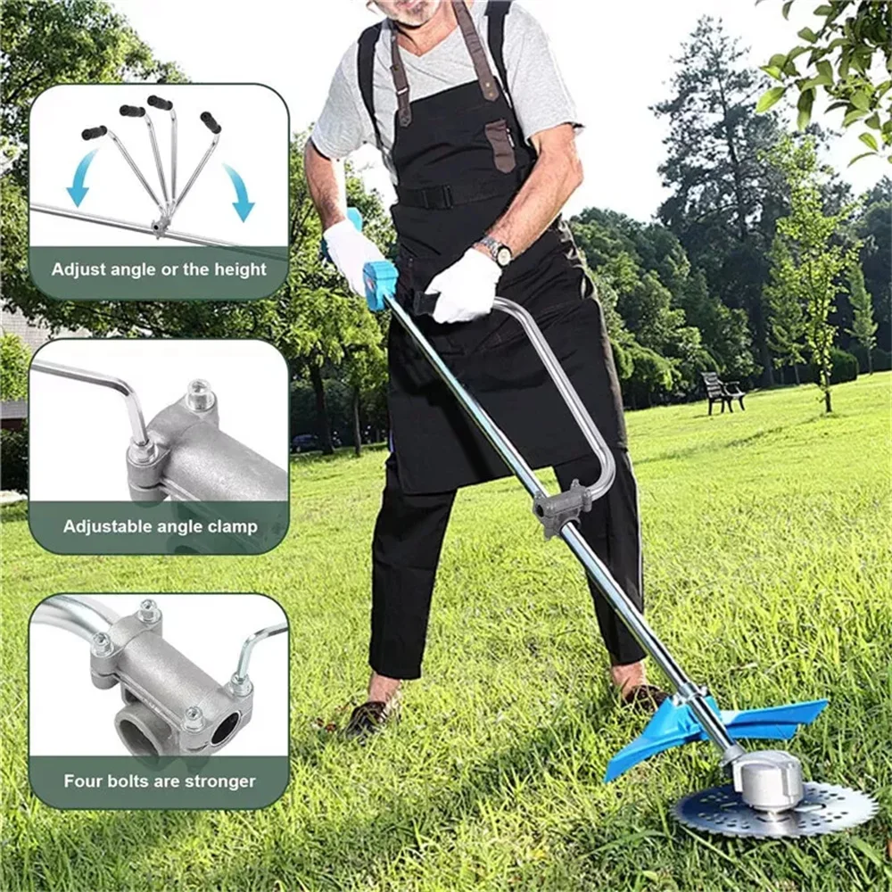 Universal trimmer ergonomic grip, extension rod with bracket clip, and designed for lawn maintenance
