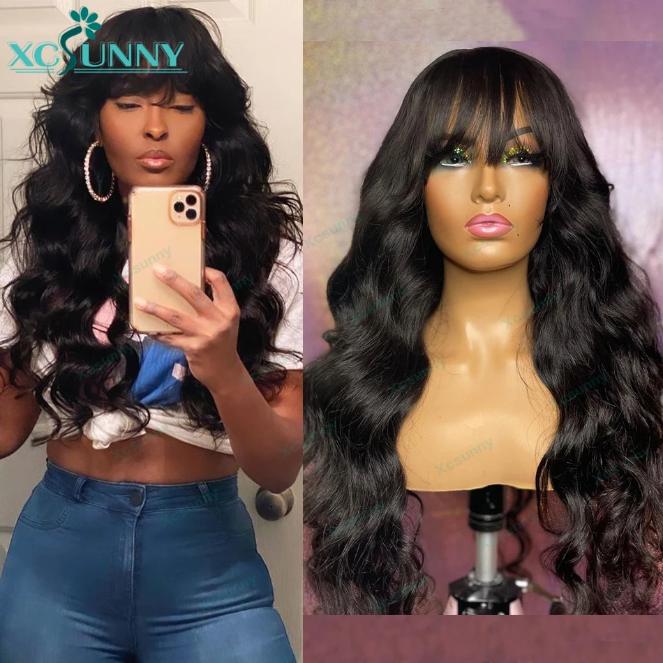 

Body Wave Human Hair Wigs With Bangs Full Machine Made Wigs For Women Remy Body Wave Wig With Bangs Natural Color Long Wavy Wigs