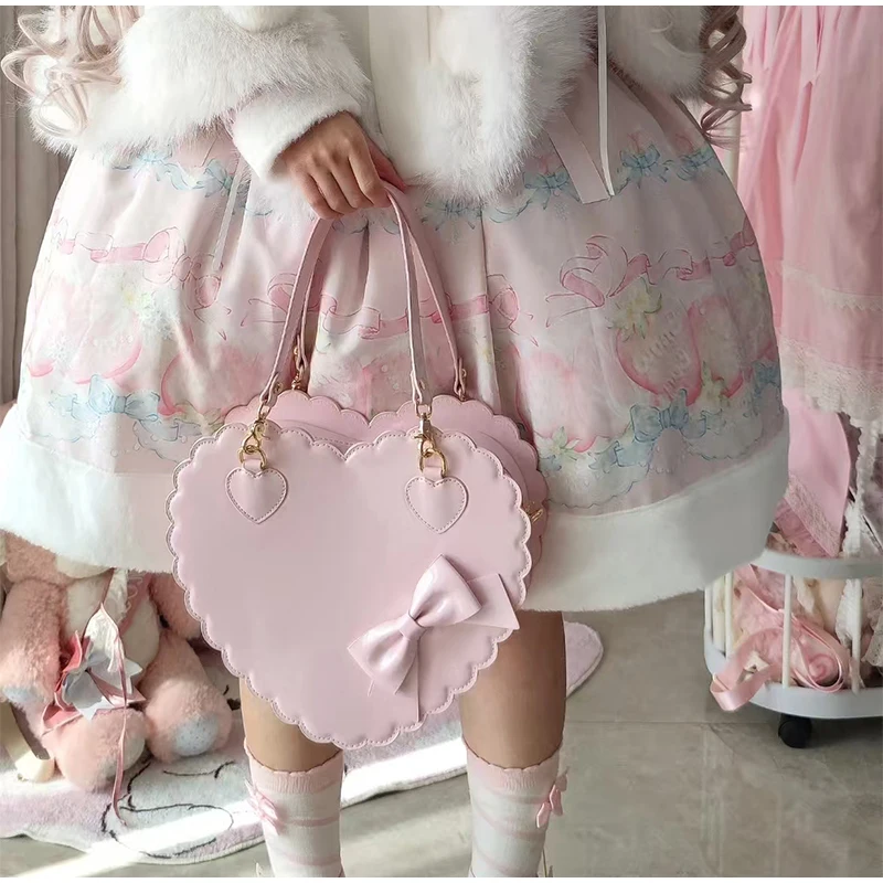

Women Heart-shaped Handbag Sweet Lolita Style Chain Bag Cute Bow Decor Scalloped Edge Tote Designer Solid Color Pu Leather Bag