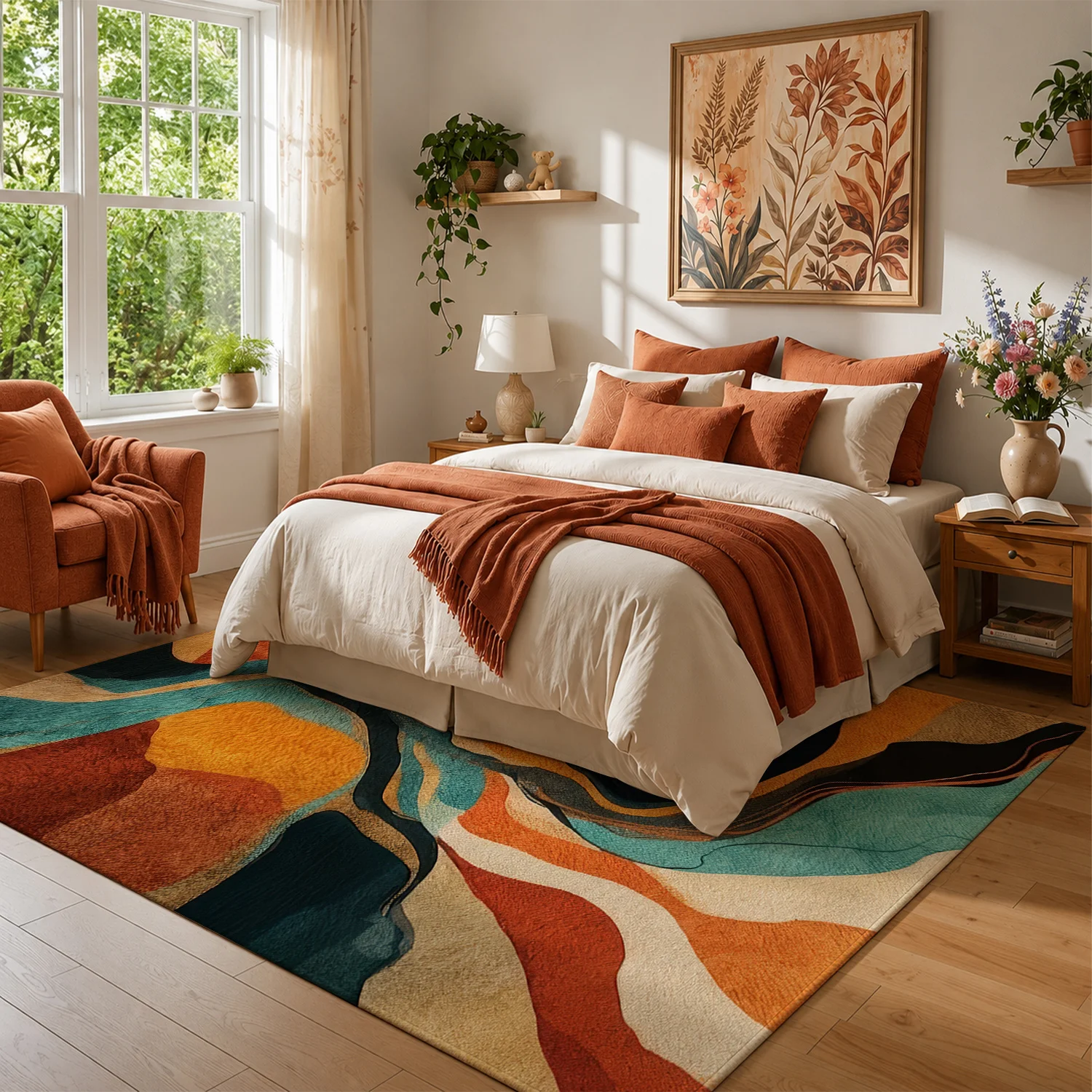 Large Indoor Area Rug, Soft Velvet Low Pile Floor Rug with Non-slip Dotted Backing, Machine Washable Modern Abstract Swirl Pattern Rug for Living Room, Bedroom and Entryway, Teal Rust Amber Home Decor