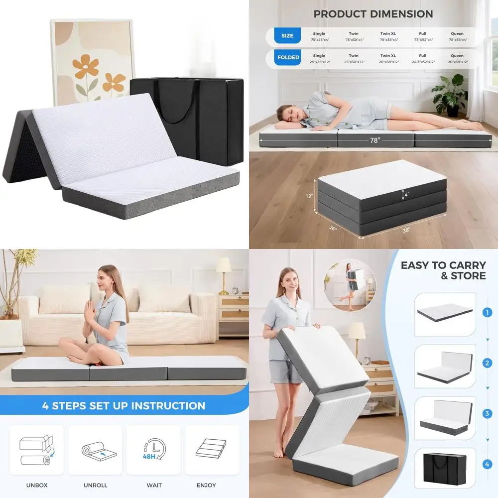 

Складной матрас из пены с эффектом памяти, 4 дюйма, моющийся чехол, Twin XL, идеально подходит для кемпинга и напольных кроватей