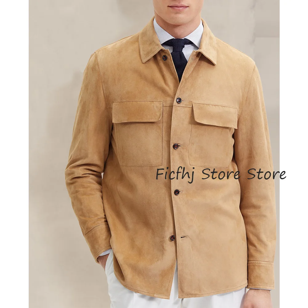 

Элегантный мужской пиджак, замшевая ткань, мужская куртка, однобортные повседневные и стильные костюмы с лацканами, два нагрудных кармана, блейзеры