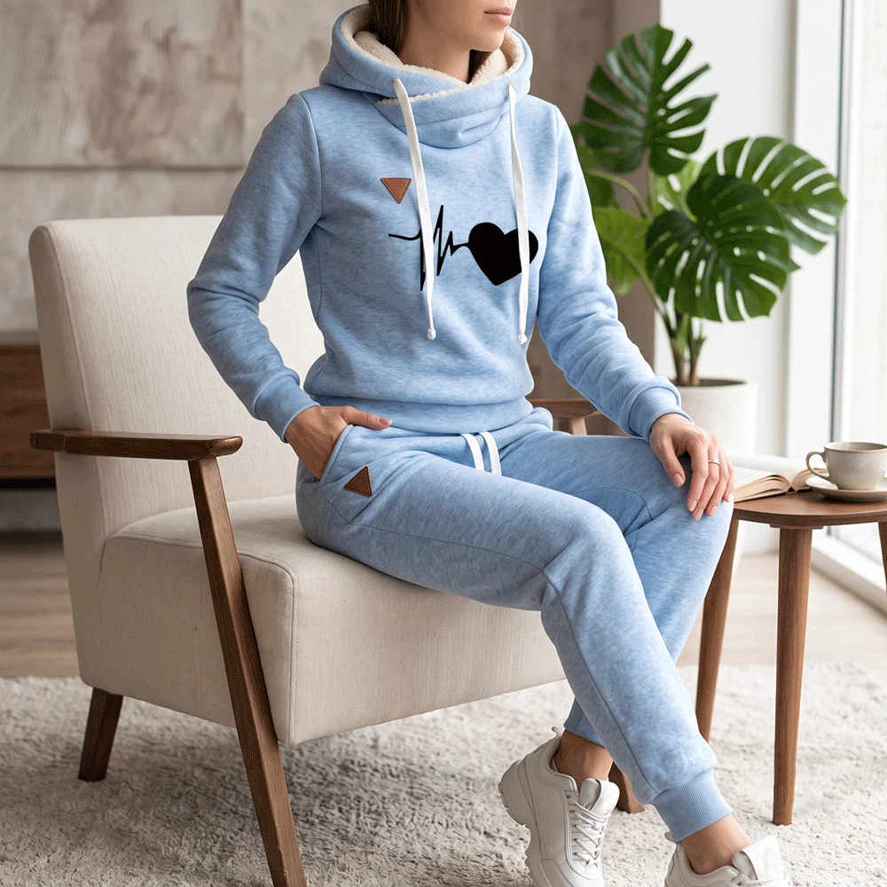 Winter Warm 2 Piece Set Women Fleece Tracksuit Heart Print Pullover Hoodie and Sweatpants Casual Sportswear Jogger Matching Outf