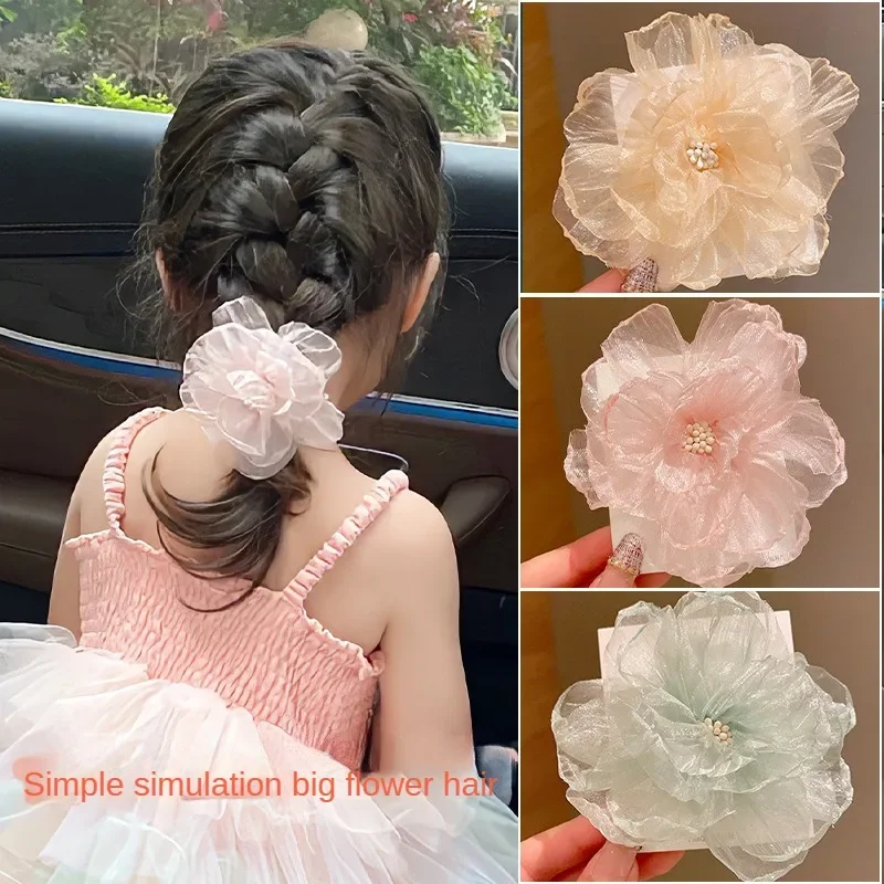 Doce e chique clipe de cabelo para meninas Princess Side Clip Duckbill com rede floral, decoração de arco