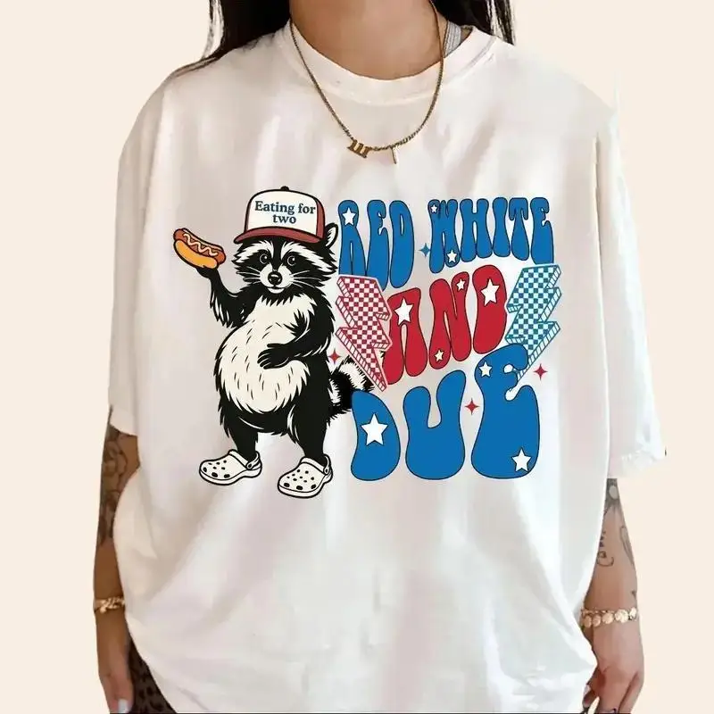 

Women's 4th of July T-Shirt Red White Blue Raccoon Hot Dog Tee Independence Day Fun Patriotic Eating Gift Top