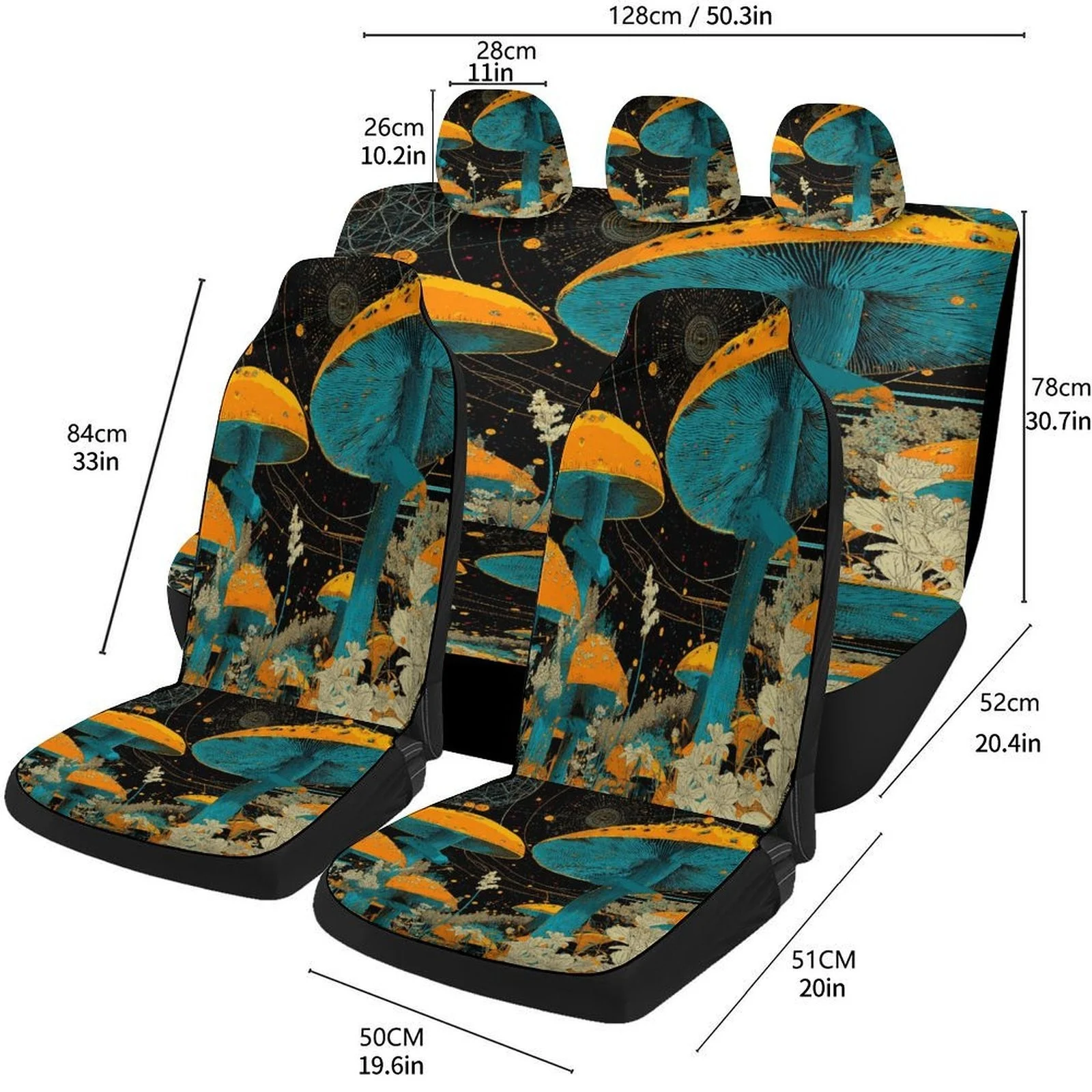 Mushroom Forest Glow Themed Car Seat Cover Set For Most Cars, Trendy Novelty Car Seat Protector Covers Full Set, Universal Car S 6
