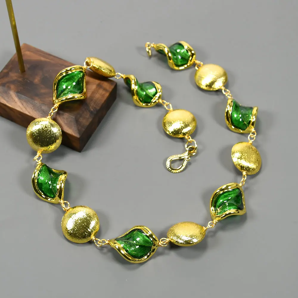 

GG Natural Green Murano Glass Gold Plated Brushed Beads Chokers Chain Necklace Women Collar Choker Necklaces Jewelry