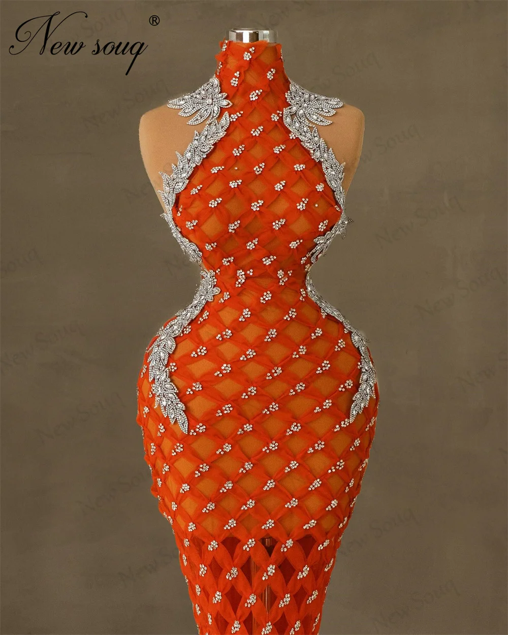 Elegant Orange Beading Evening Dresses Custom Made Sleeveless Mermaid Prom Dress Robes De Soiree Crystals Cocktail Party Dress