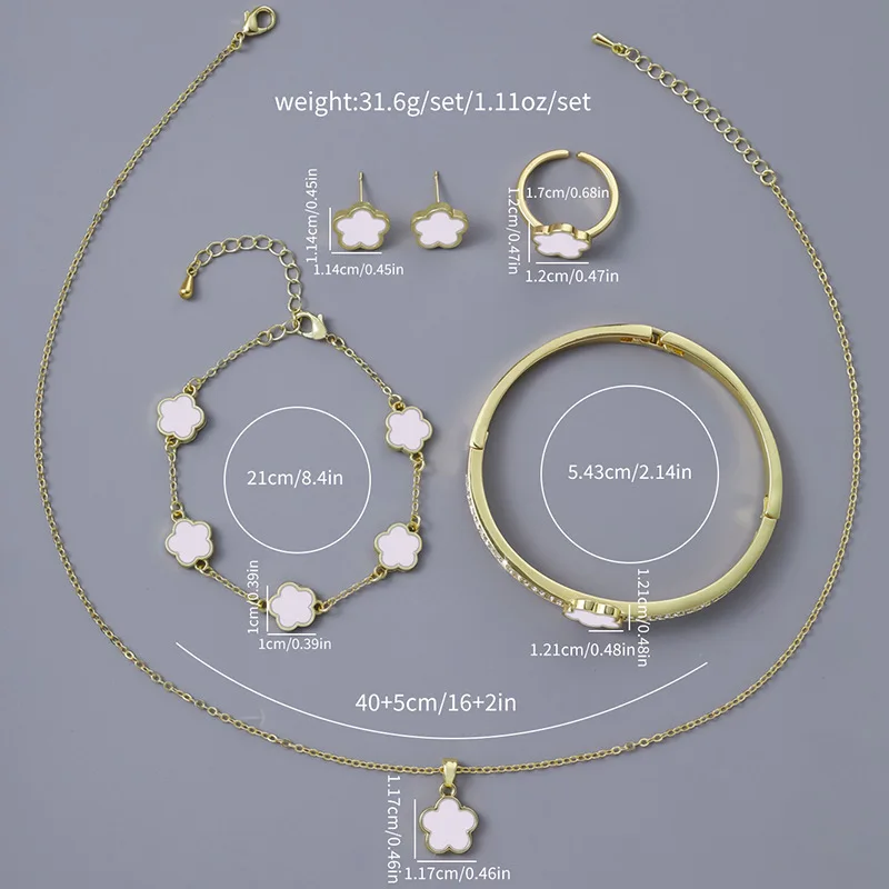 5pcs/set Luxury Quality Jewelry Sets Plum Blossom Plant Five Leaf Flower Women\'s Earrings Rings Bracelet Necklace Bangles Gift