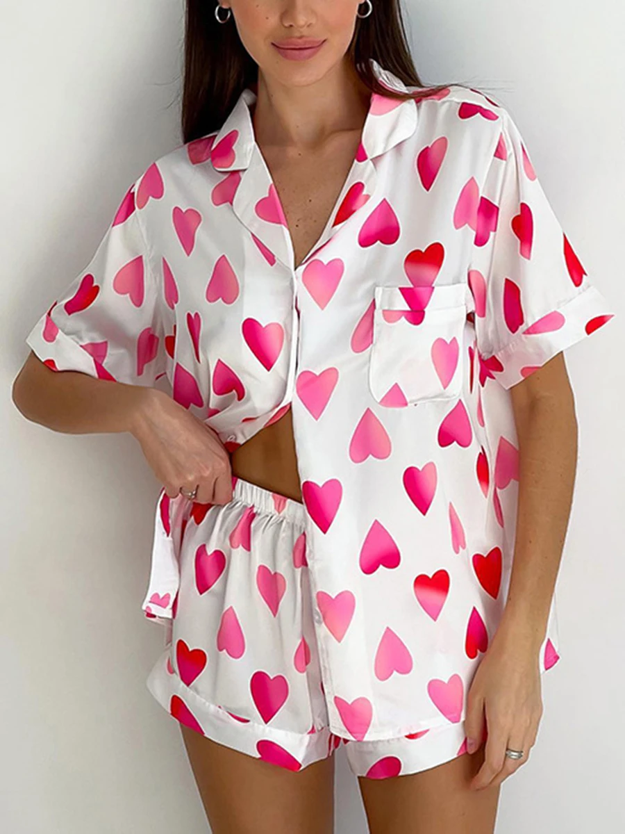 Women’s 2Pcs Pajama Set Summer Short Sleeve Heart Print Loose Shirt + Shorts Set Valentine's Day Sleepwear Night Wear Home Suits