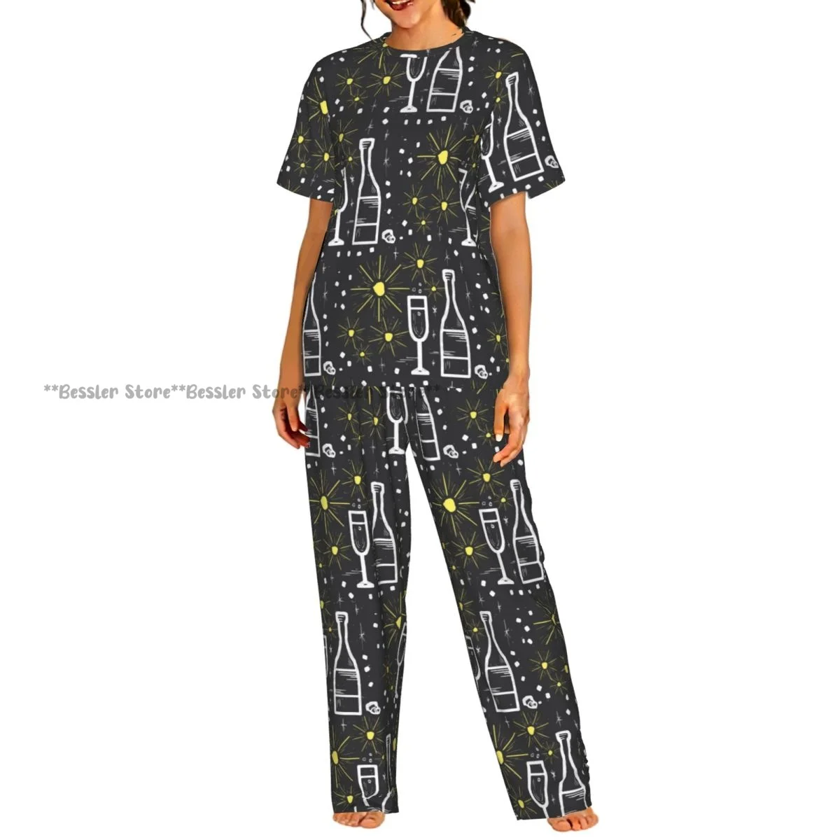 

Women's 2-piece set Champagne And Cups Stars Pajamas Short sleeved Top and Pants Sleepwear
